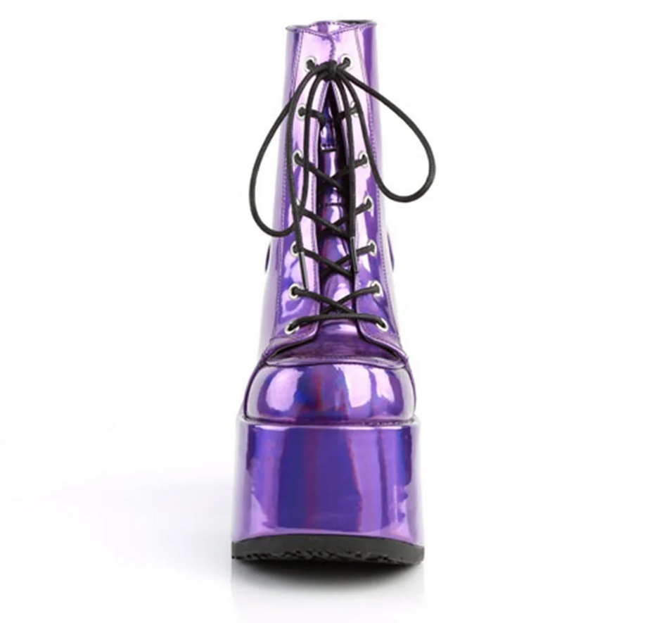 Laser Holographic Platform Round Toe Chunky Heel Boots