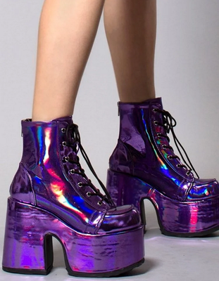 Laser Holographic Platform Round Toe Chunky Heel Boots
