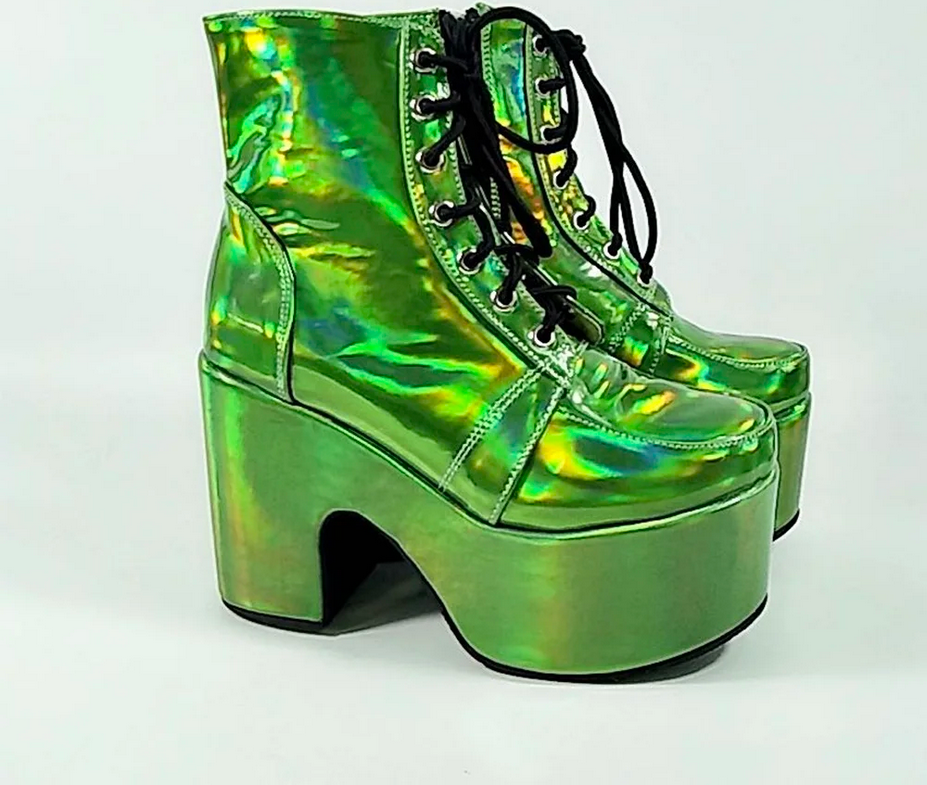 Laser Holographic Platform Round Toe Chunky Heel Boots