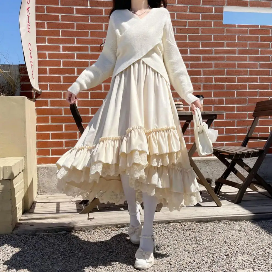 Vintage Lolita Patchwork Ruffle Kawaii Pleated Long Skirt