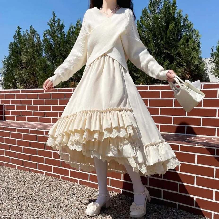 Vintage Lolita Patchwork Ruffle Kawaii Pleated Long Skirt