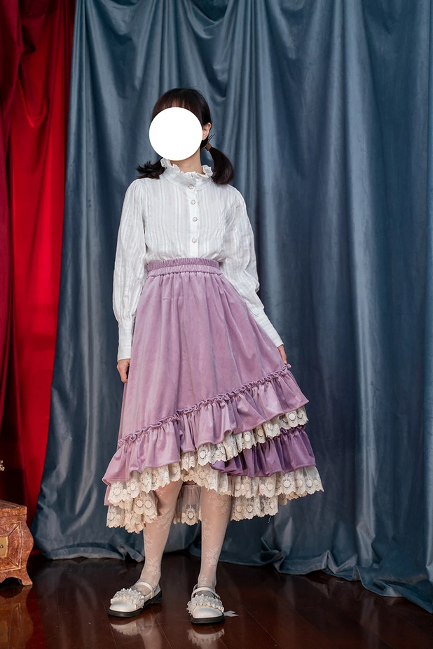 Vintage Lolita Patchwork Ruffle Kawaii Pleated Long Skirt