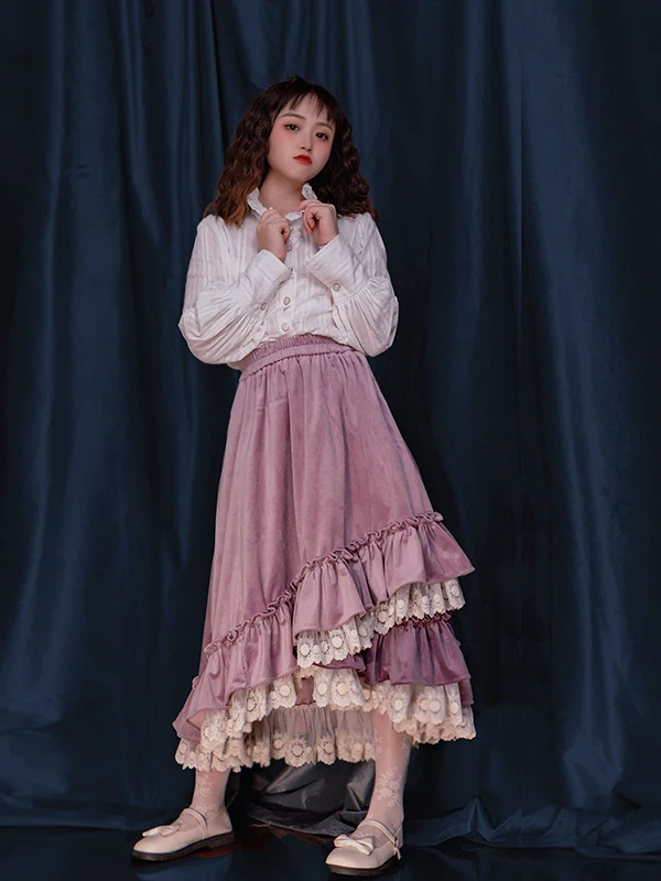 Vintage Lolita Patchwork Ruffle Kawaii Pleated Long Skirt