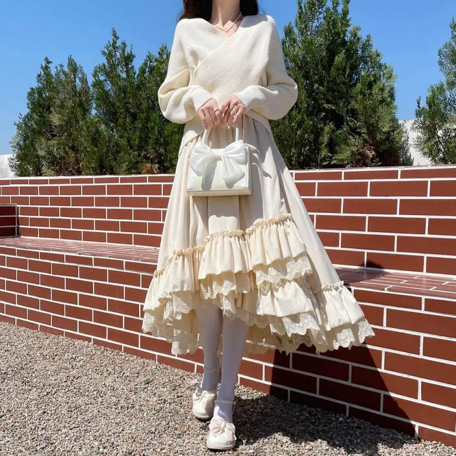 Vintage Lolita Patchwork Ruffle Kawaii Pleated Long Skirt