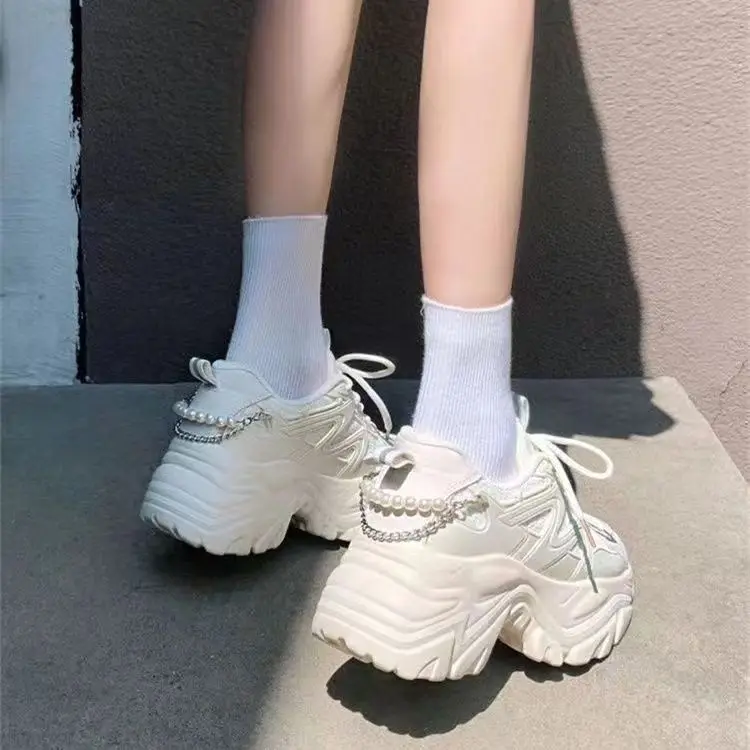 Kawaii White Pearl Chain Platform Sneakers