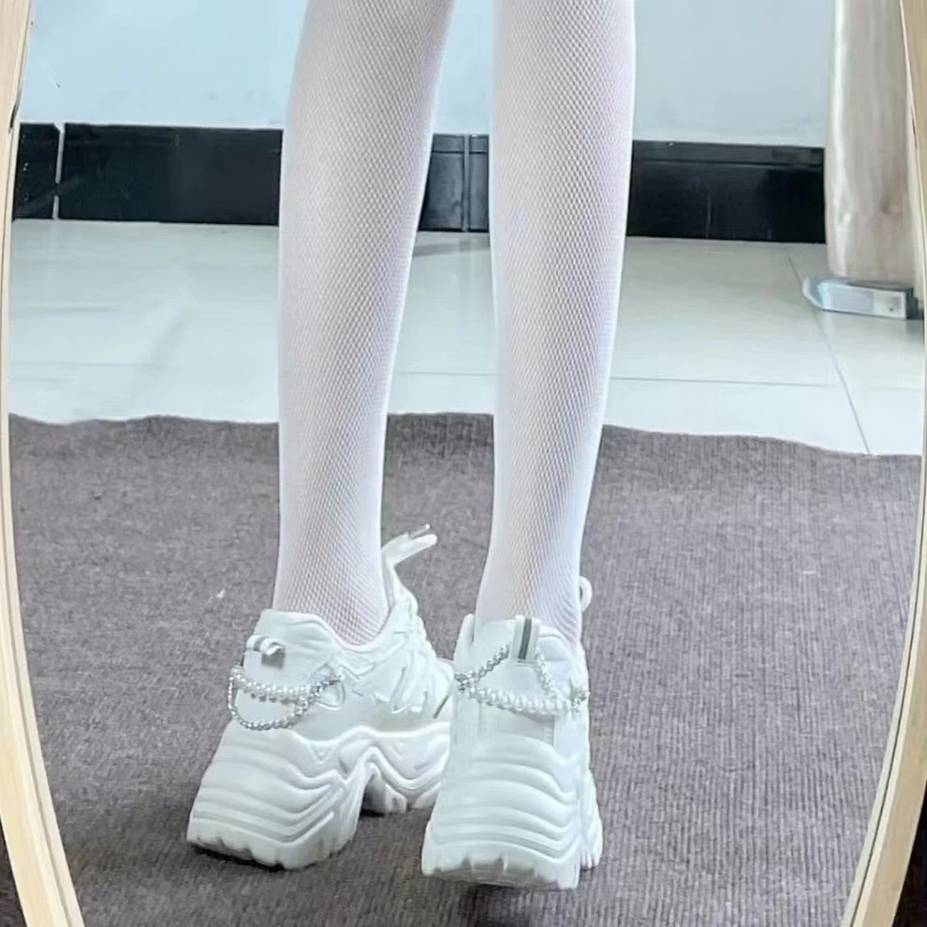 Kawaii White Pearl Chain Platform Sneakers