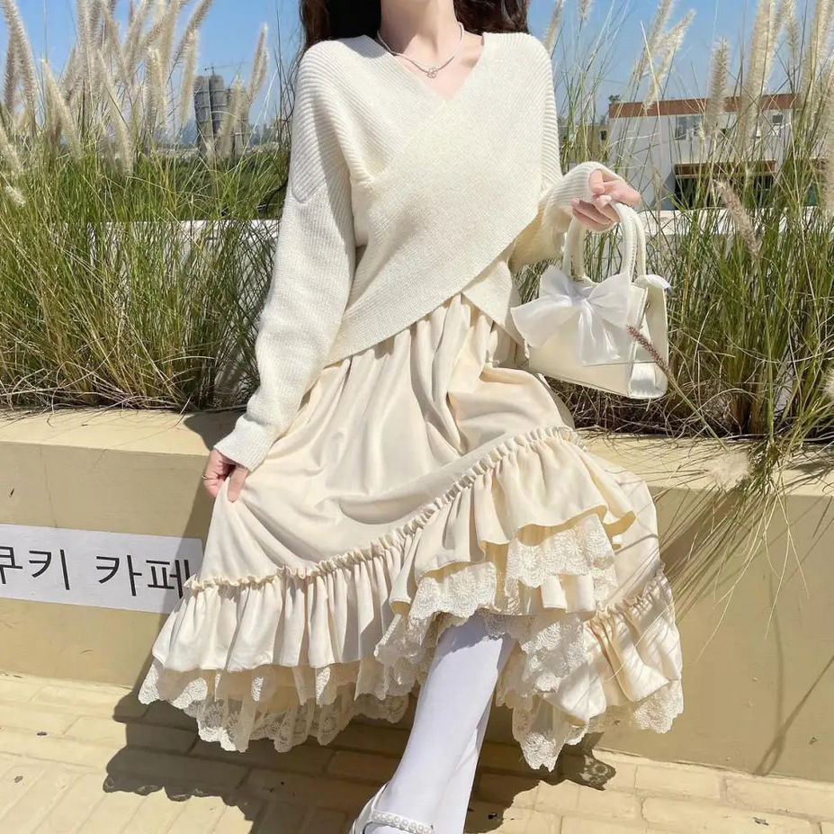 Vintage Lolita Patchwork Ruffle Kawaii Pleated Long Skirt