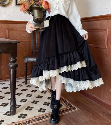 Vintage Lolita Patchwork Ruffle Kawaii Pleated Long Skirt