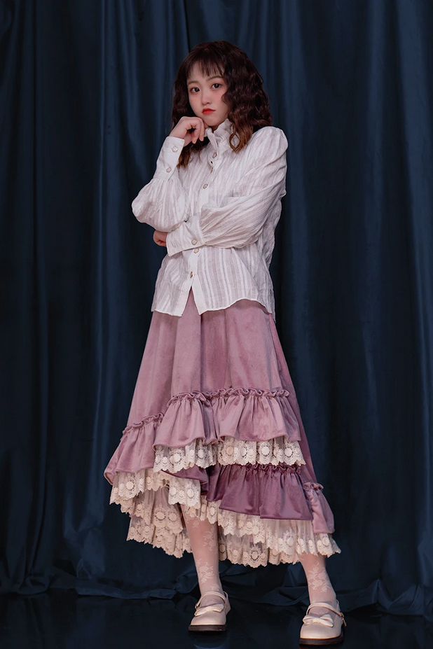 Vintage Lolita Patchwork Ruffle Kawaii Pleated Long Skirt