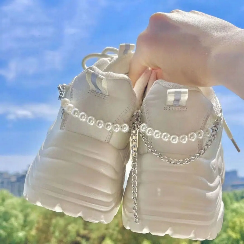 Kawaii White Pearl Chain Platform Sneakers