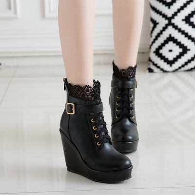 Round Toe Kawaii Lace up Wedge Women Boots