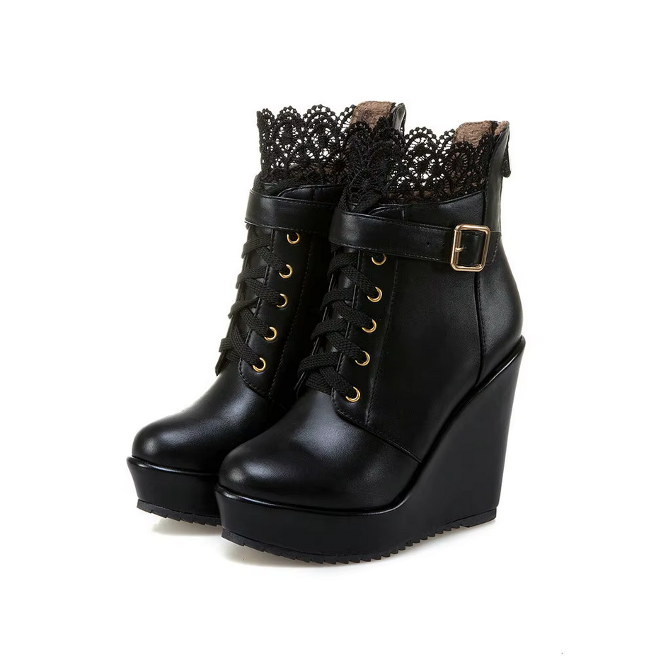 Round Toe Kawaii Lace up Wedge Women Boots