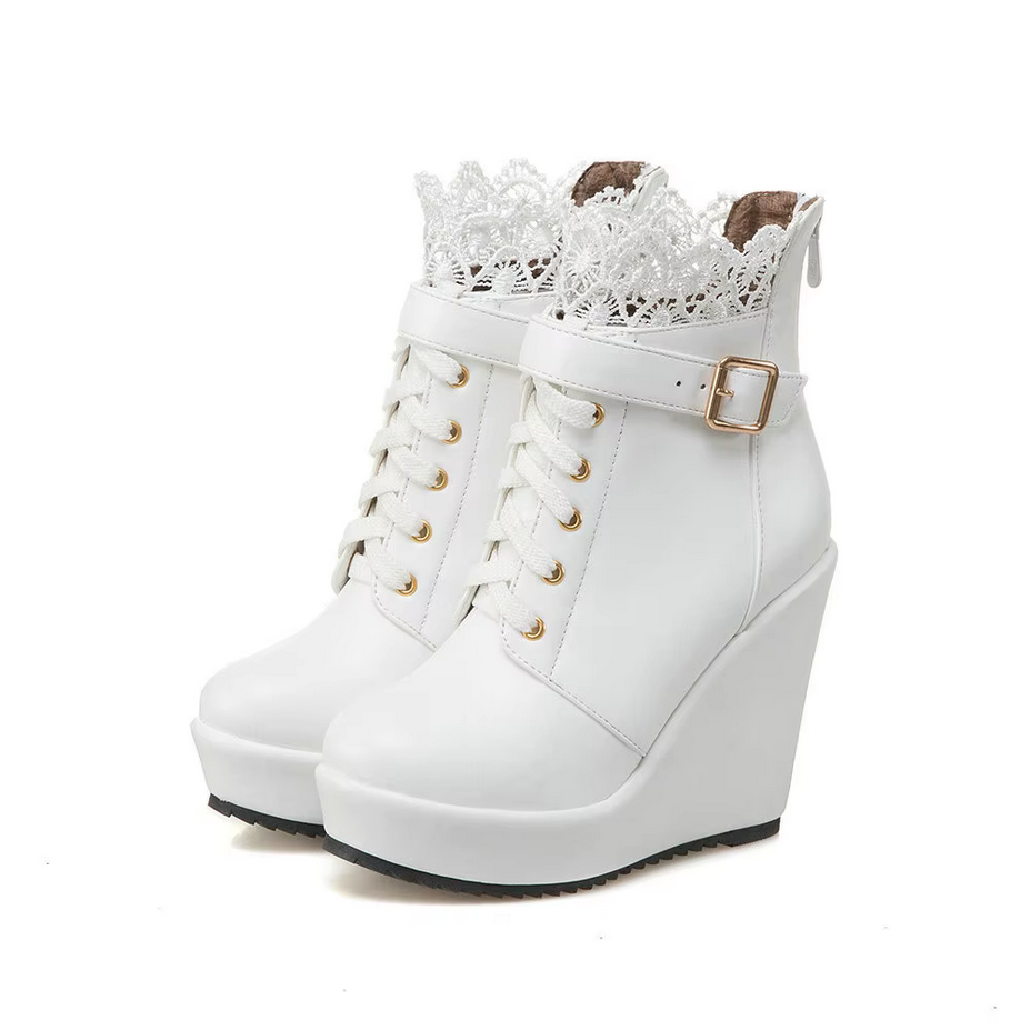 Round Toe Kawaii Lace up Wedge Women Boots
