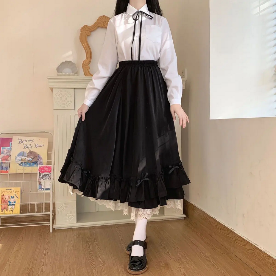 Japanese Y2K Vintage Lace Ruffled Pleated Skirt in Black and White