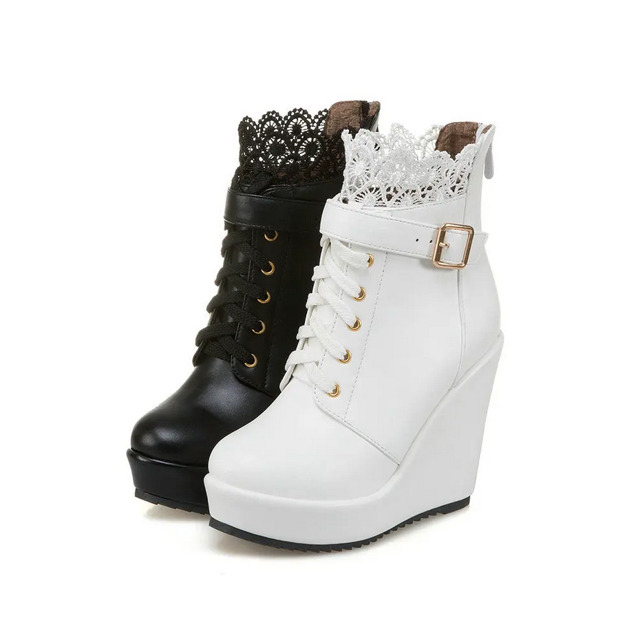 Round Toe Kawaii Lace up Wedge Women Boots