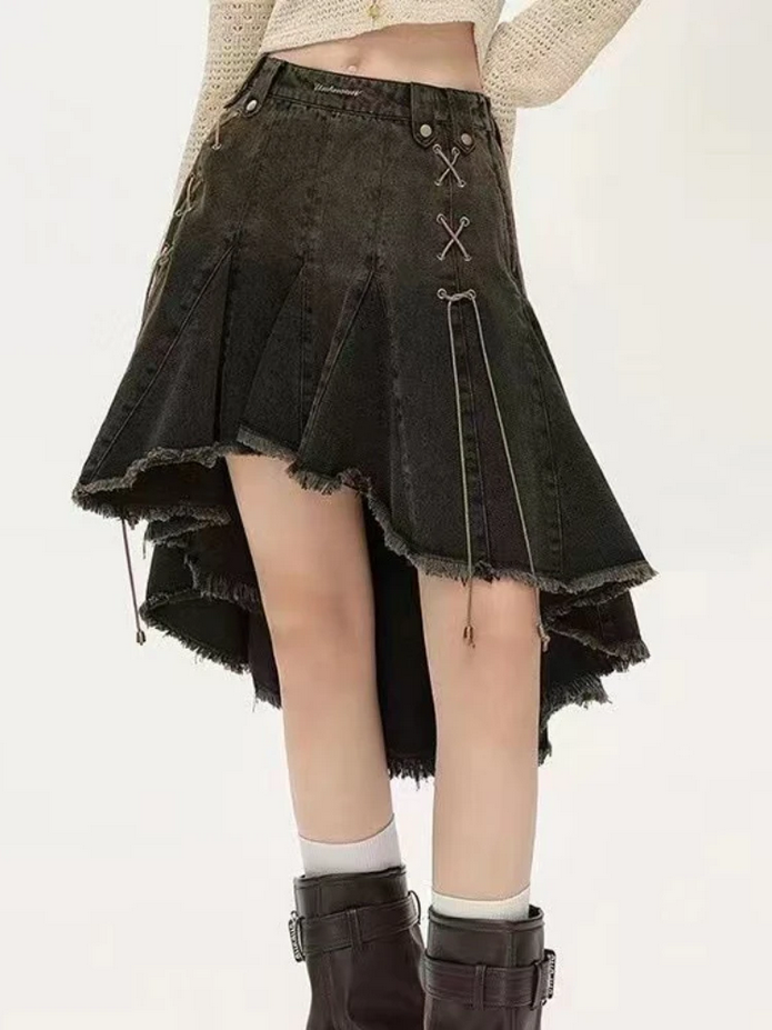 Women Lace Up Dark Academia E-girl Japanese Y2k Irregular Midi Skirt