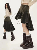 Women Lace Up Dark Academia E-girl Japanese Y2k Irregular Midi Skirt