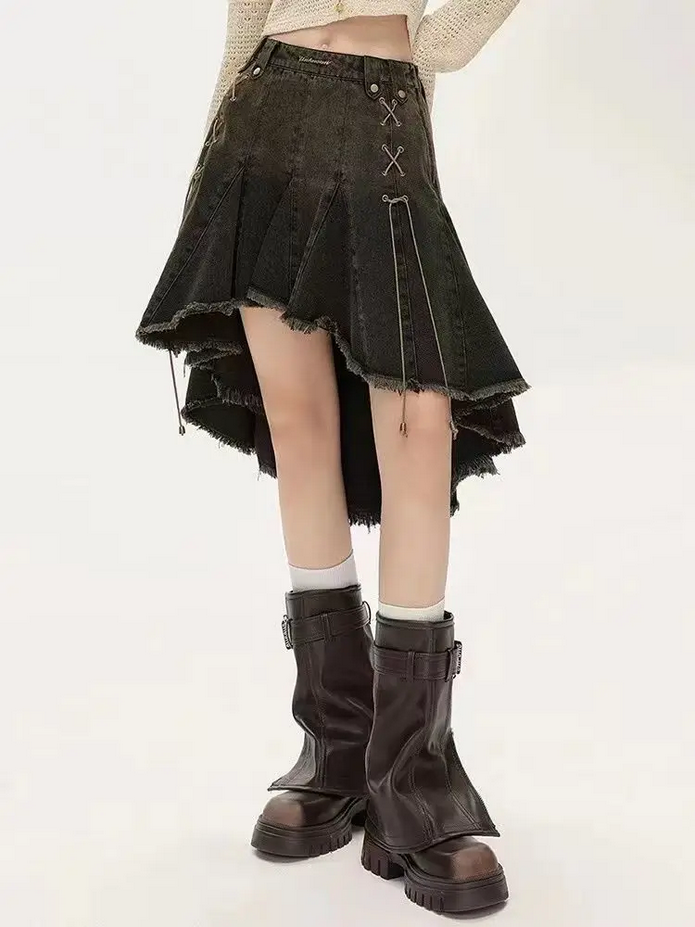 Women Lace Up Dark Academia E-girl Japanese Y2k Irregular Midi Skirt
