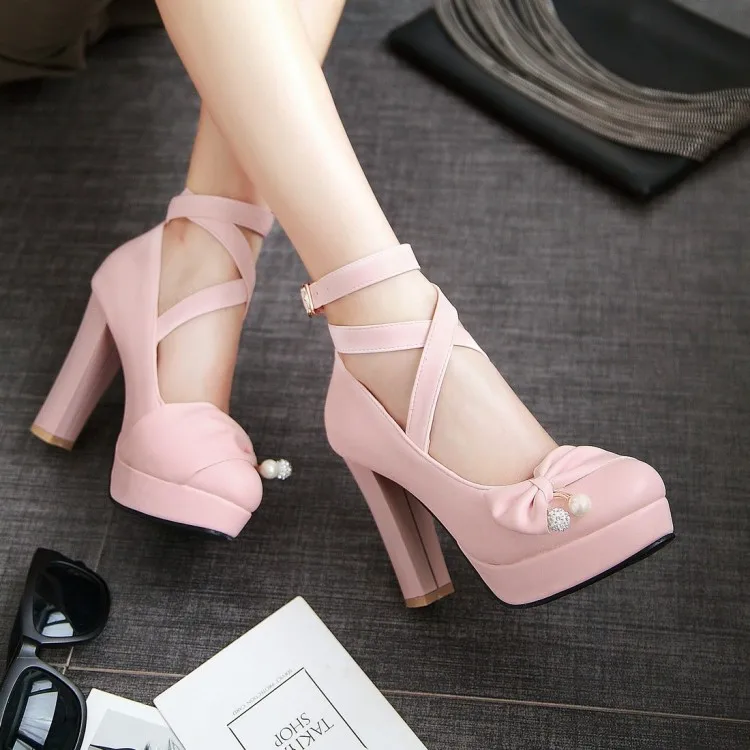 Round Toe Patent Leather High Heels Shoes with Bow