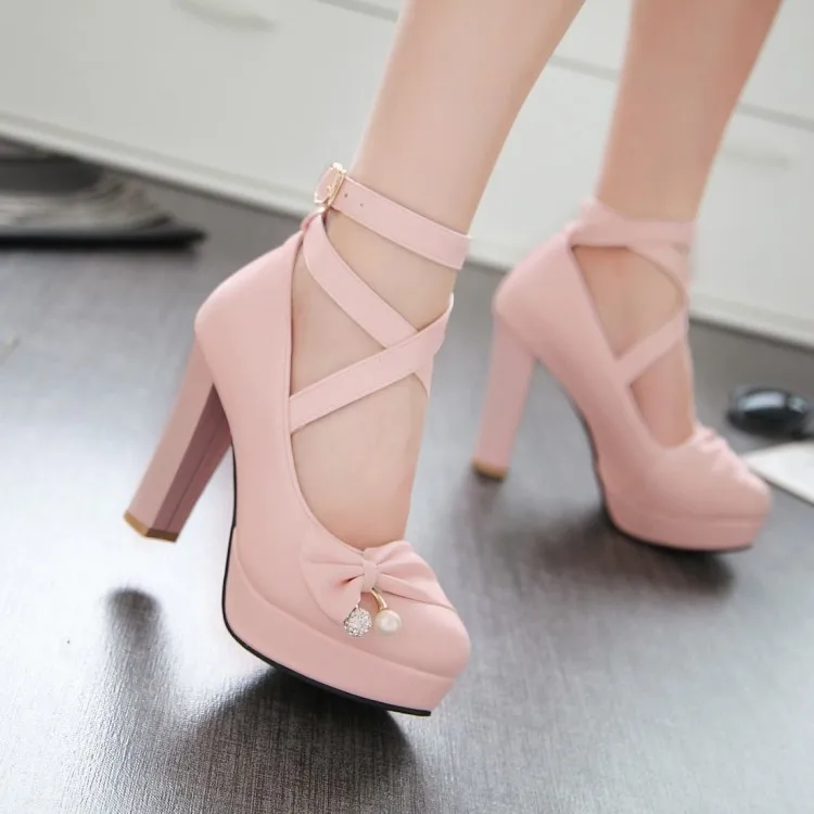 Round Toe Patent Leather High Heels Shoes with Bow