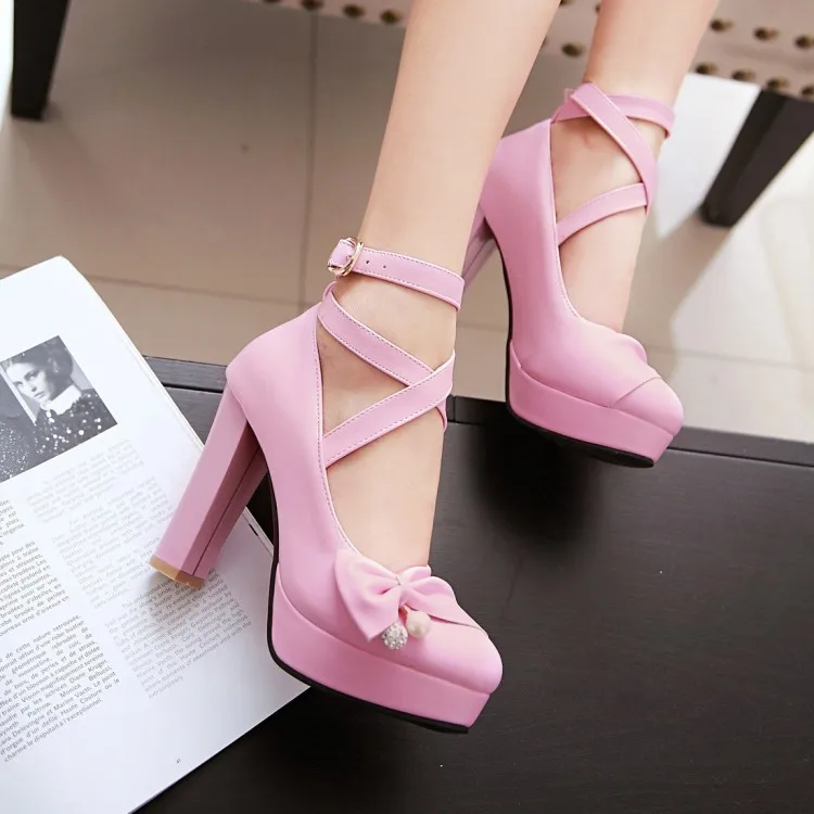 Round Toe Patent Leather High Heels Shoes with Bow