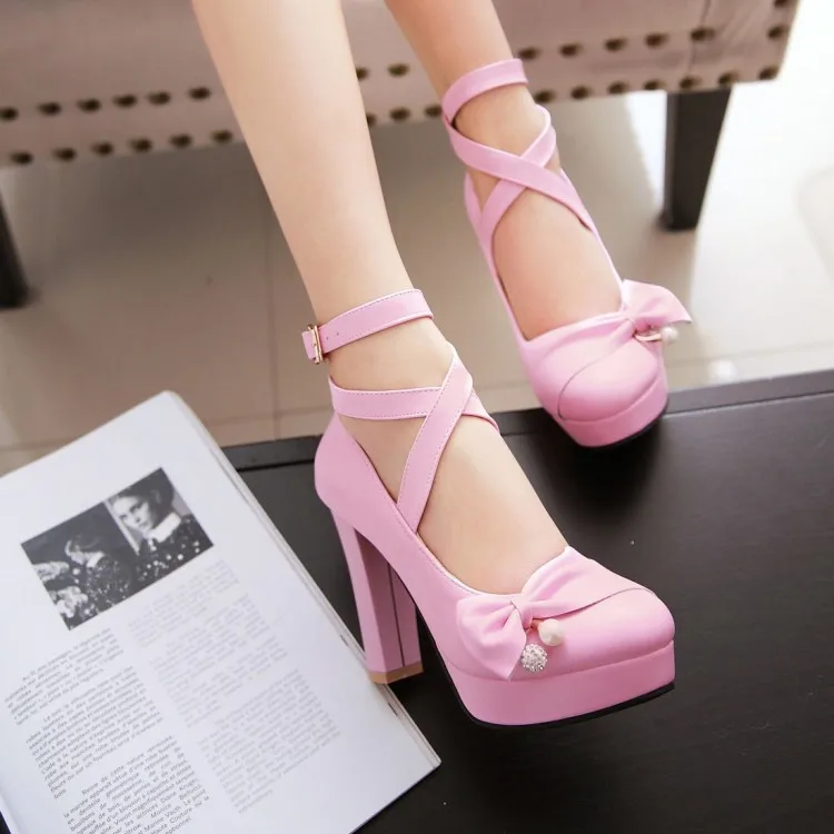 Round Toe Patent Leather High Heels Shoes with Bow