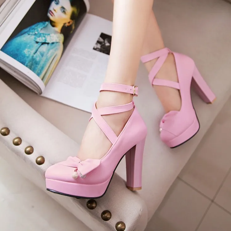 Round Toe Patent Leather High Heels Shoes with Bow