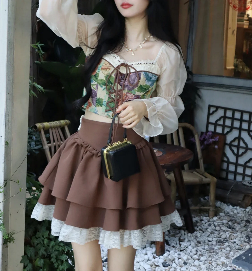 Vintage High Waist A-line Lace Patchwork Kawaii Lolita Skirt