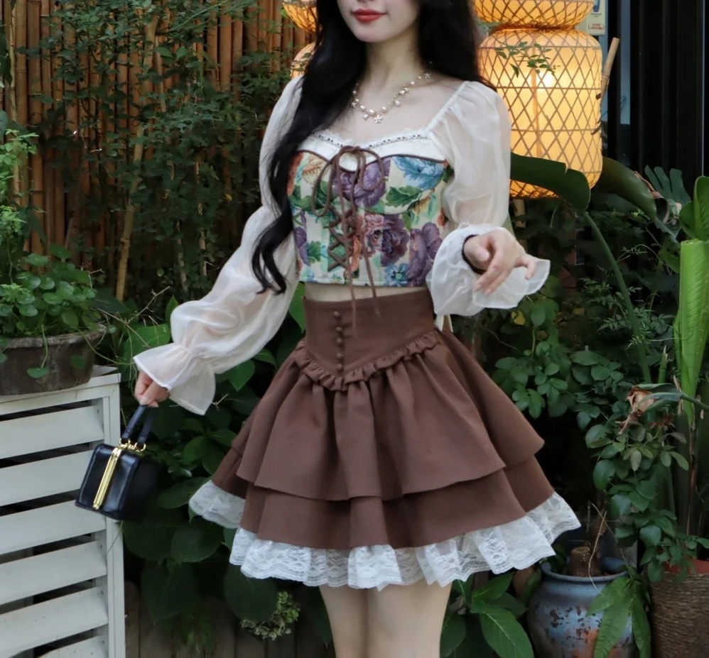 Vintage High Waist A-line Lace Patchwork Kawaii Lolita Skirt