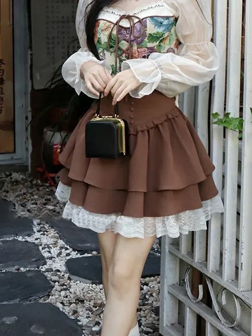 Vintage High Waist A-line Lace Patchwork Kawaii Lolita Skirt