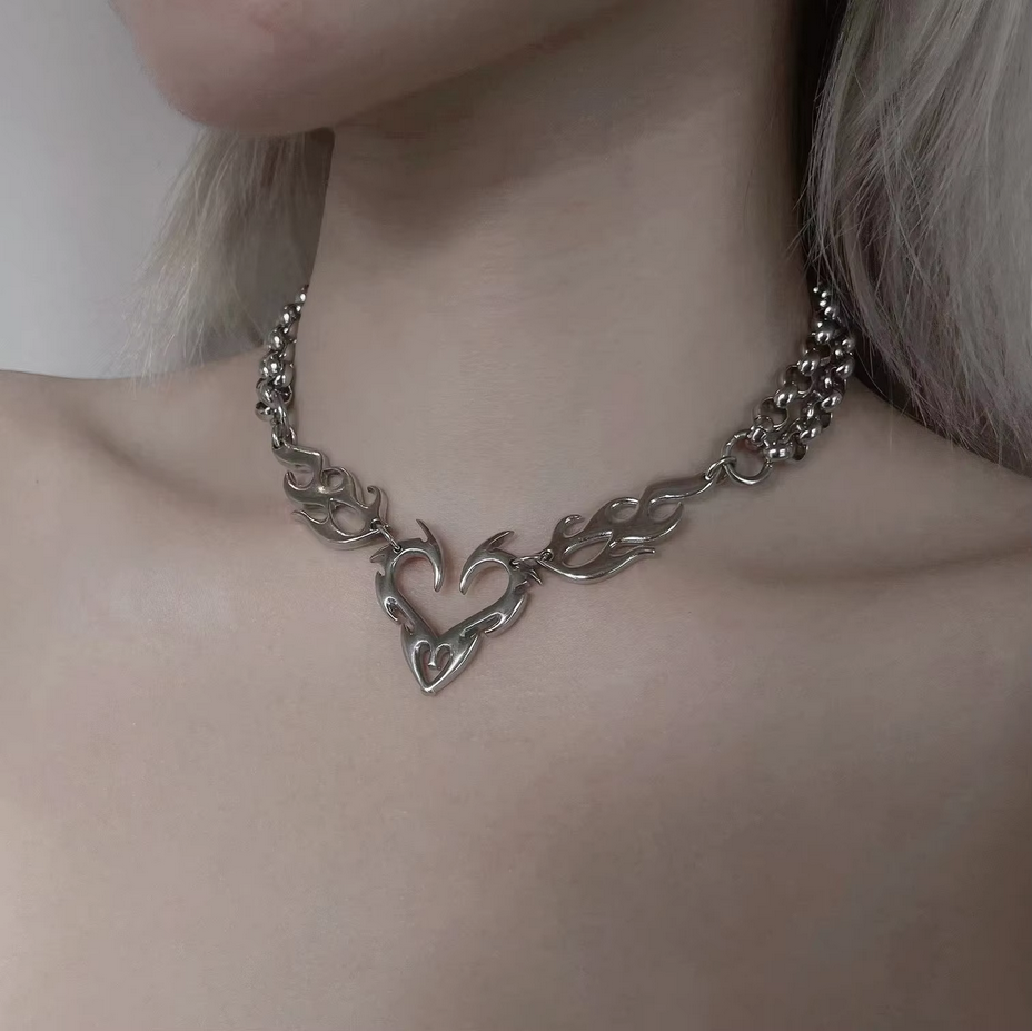 Silver Heart Flame Chains Choker