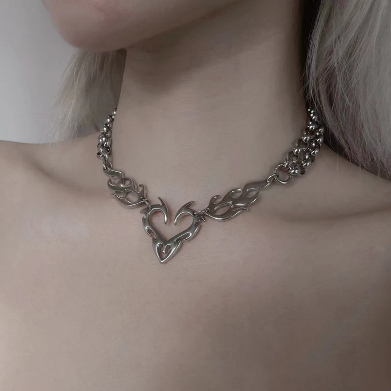 Silver Heart Flame Chains Choker