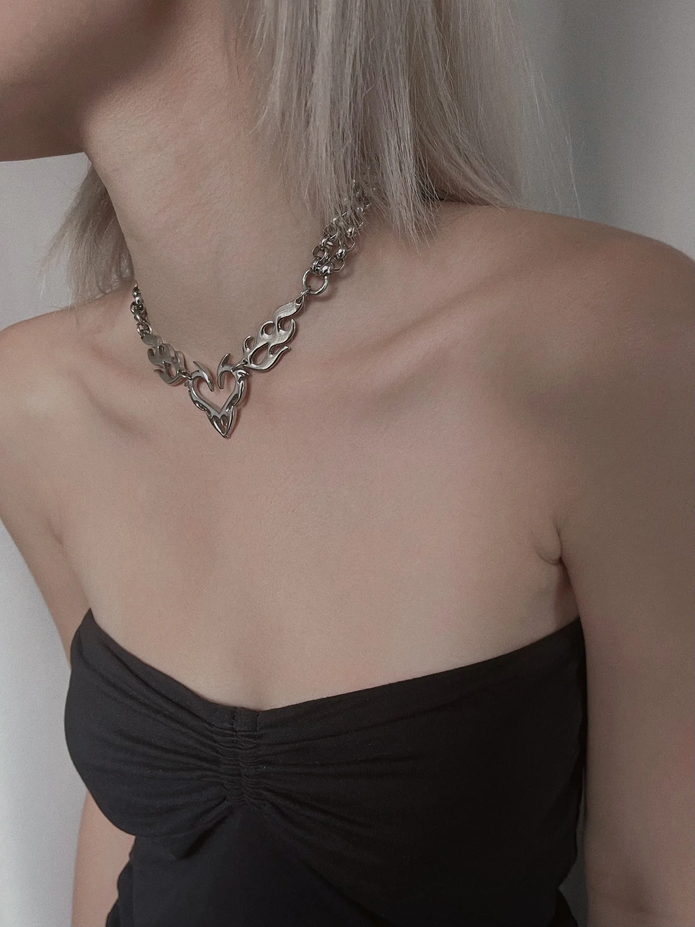 Silver Heart Flame Chains Choker