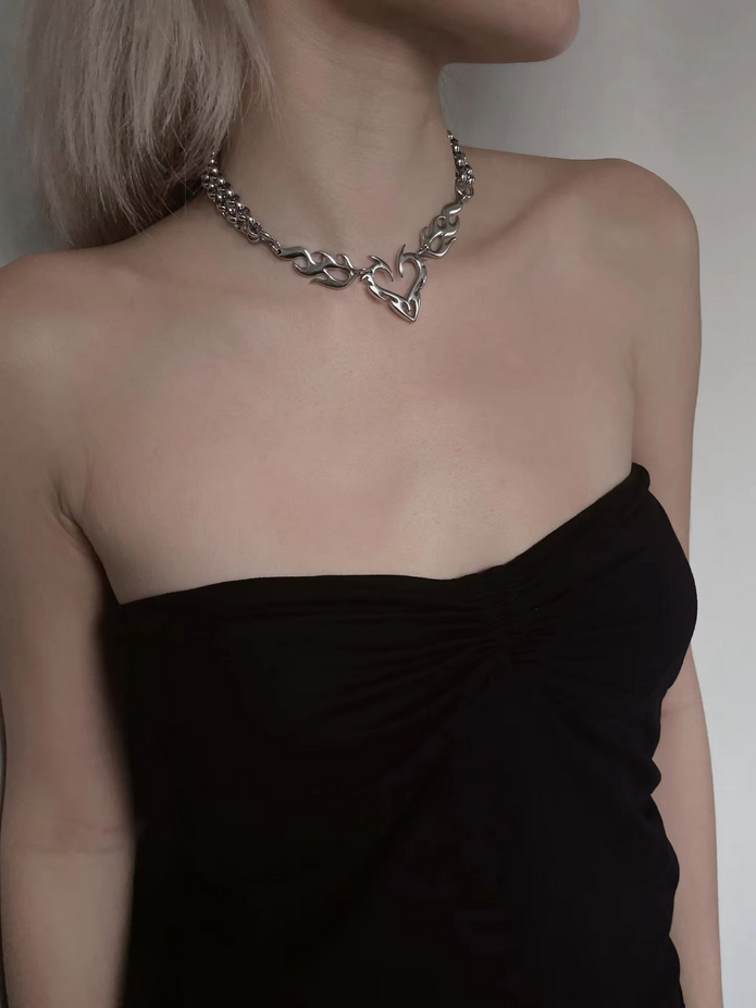 Silver Heart Flame Chains Choker