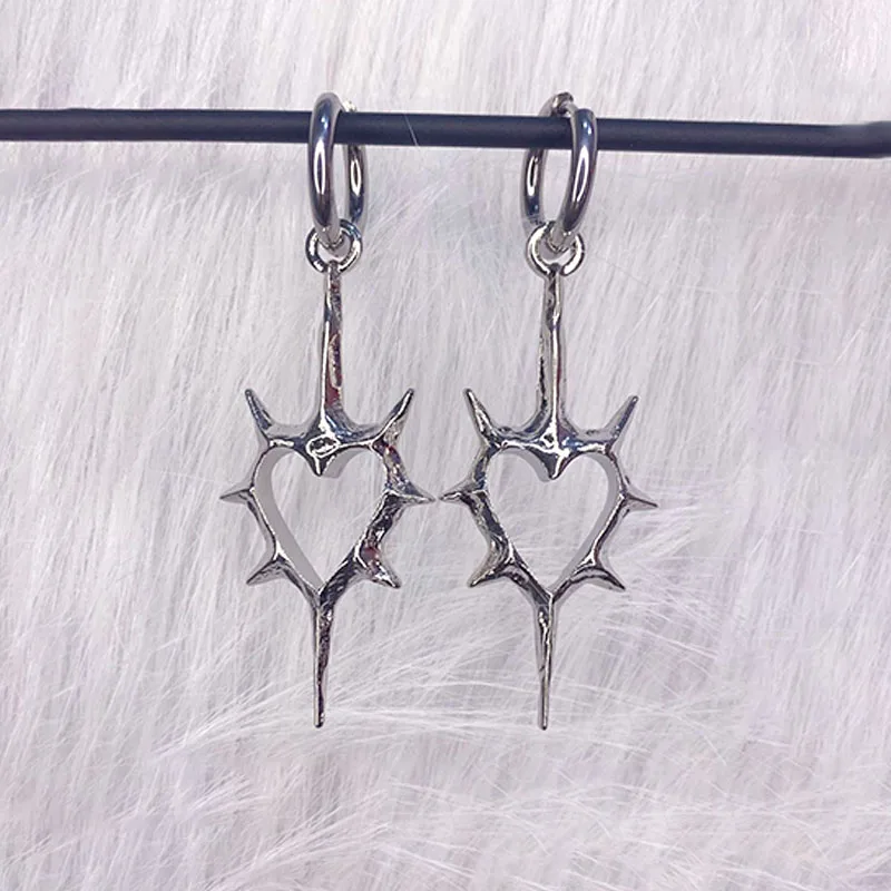 Gothic Punk Thorn Heart Silver Earrings
