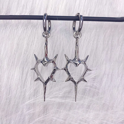 Gothic Punk Thorn Heart Silver Earrings