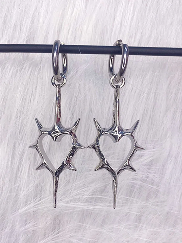 Gothic Punk Thorn Heart Silver Earrings