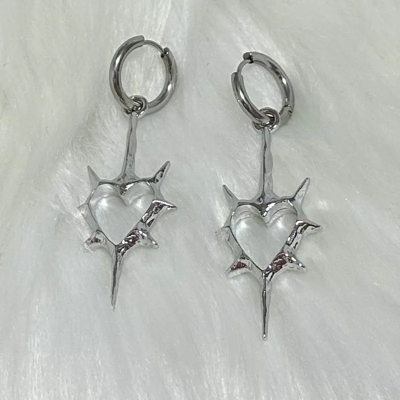 Gothic Punk Thorn Heart Silver Earrings