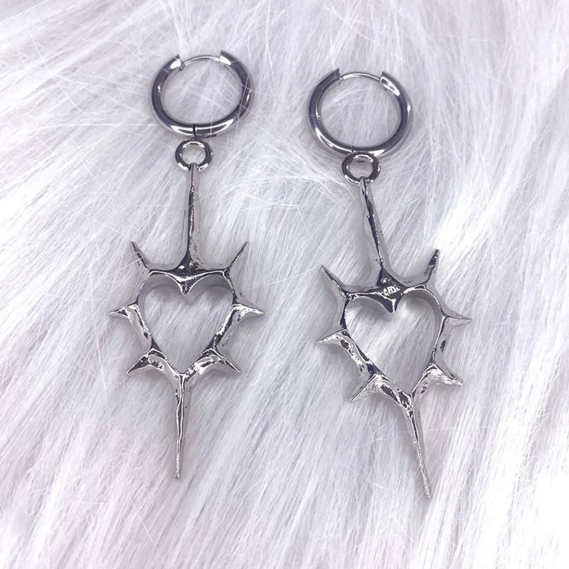 Gothic Punk Thorn Heart Silver Earrings