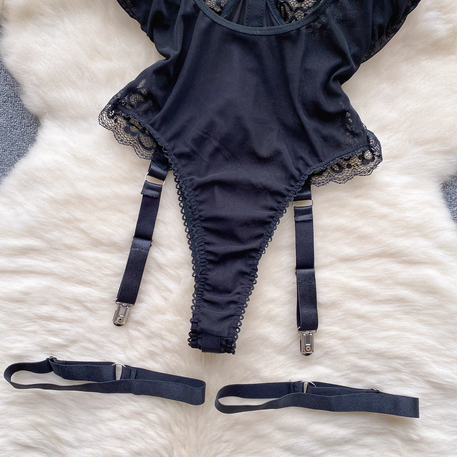 Sexy Black Lace Strappy Bodysuits Lingerie