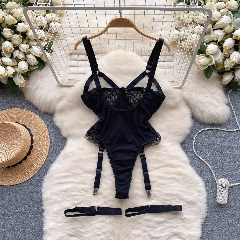 Sexy Black Lace Strappy Bodysuits Lingerie