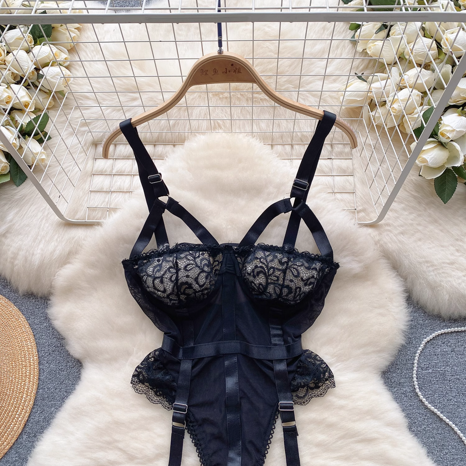 Sexy Black Lace Strappy Bodysuits Lingerie