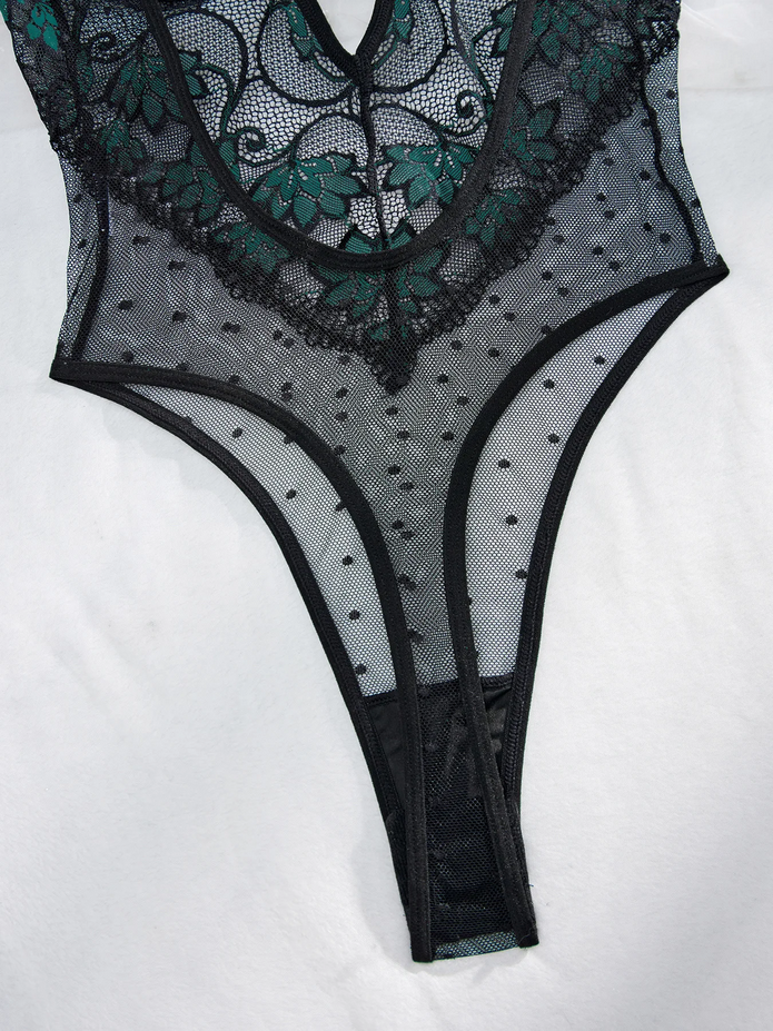 Sensual Embroidery Floral Black Bodysuit Lingerie