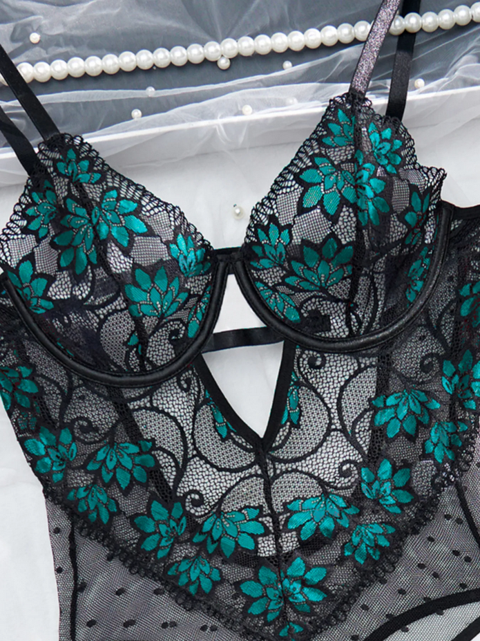 Sensual Embroidery Floral Black Bodysuit Lingerie