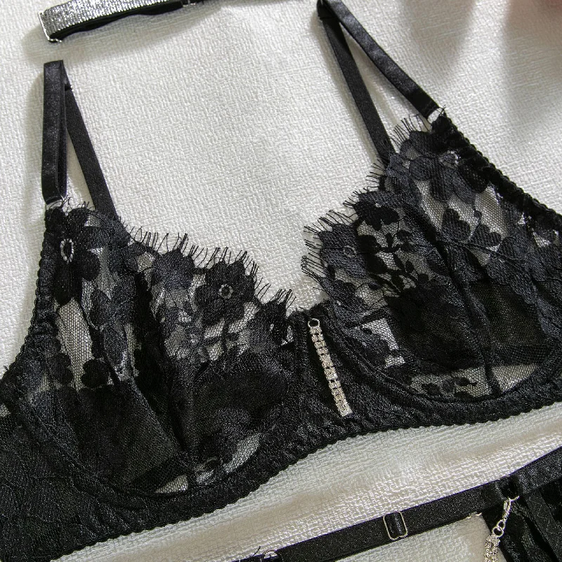 Gothic Sexy Black Full Lace Lingerie Set