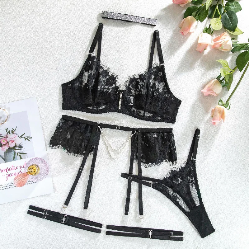 Gothic Sexy Black Full Lace Lingerie Set