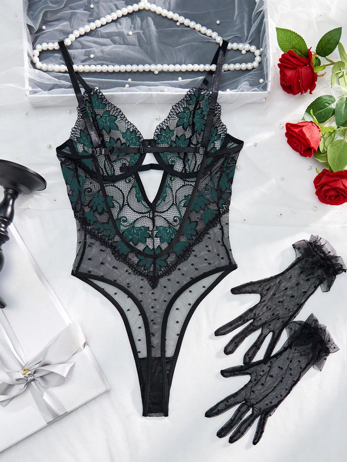 Sensual Embroidery Floral Black Bodysuit Lingerie