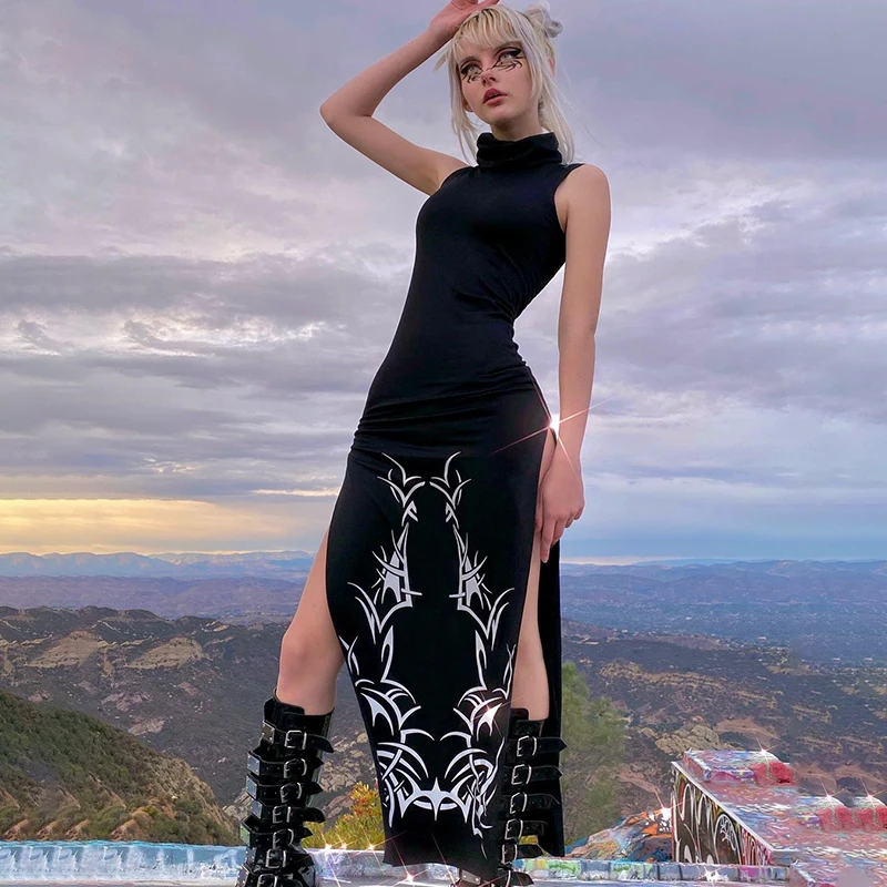 Gothic Sexy Slim Turtleneck Sleeveless Black Dress