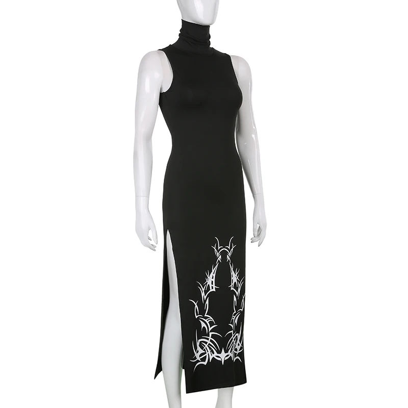 Gothic Sexy Slim Turtleneck Sleeveless Black Dress