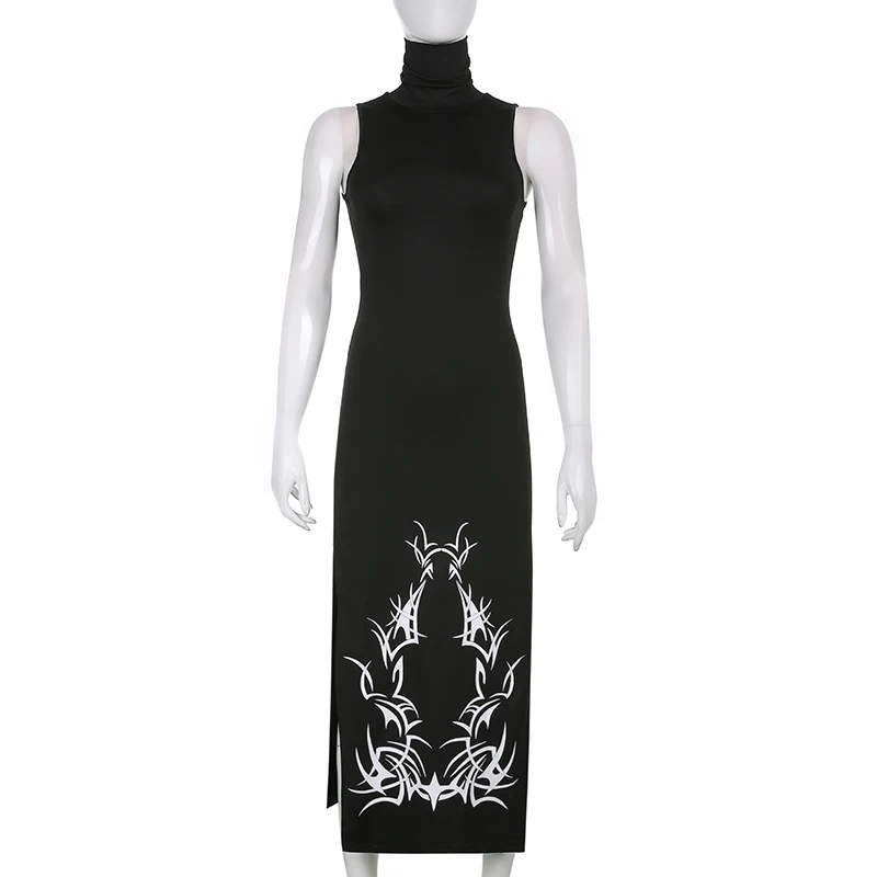 Gothic Sexy Slim Turtleneck Sleeveless Black Dress